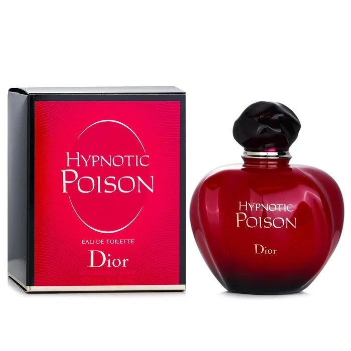 smooth, apple-shaped deep red glass bottle of Dior Hypnotic Poison Eau De Toilette with a dark sculptural cap, standing next to its vibrant red-and-black square gift box featuring a central white circular emblem.