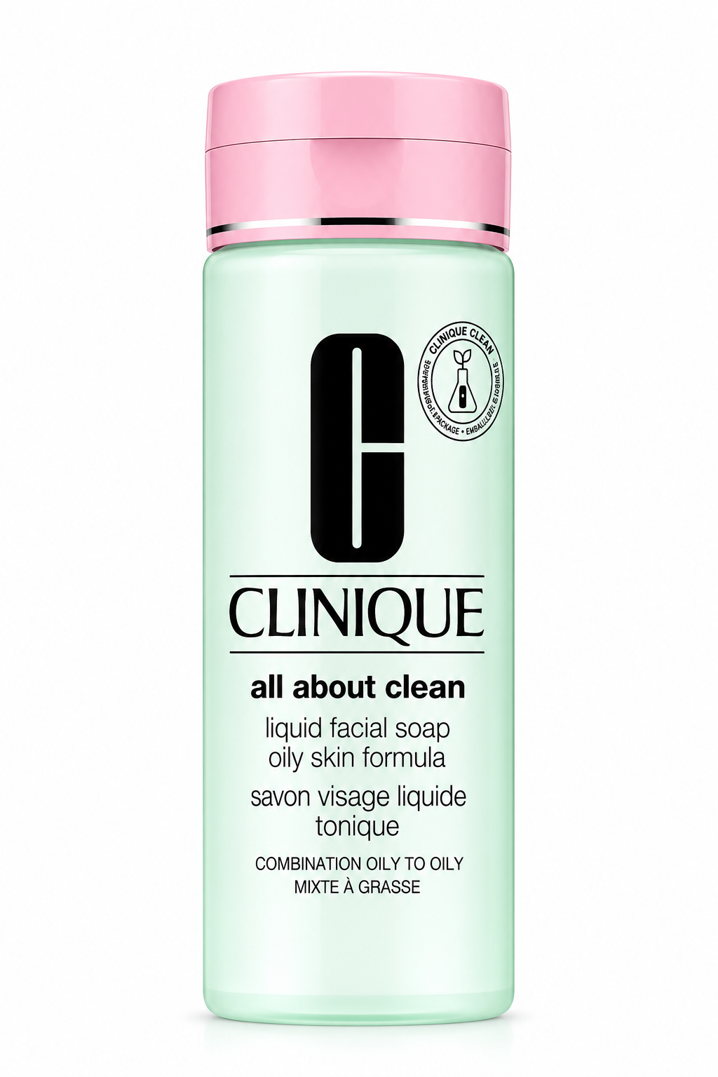 Clinique All About Clean Liquid Facial Soap Oily Skin Formula in a pale mint-green bottle with a pink cap, displayed against a clean white background. Gentle facial cleanser designed for combination oily to oily skin, helping remove dirt, excess oil and impurities.