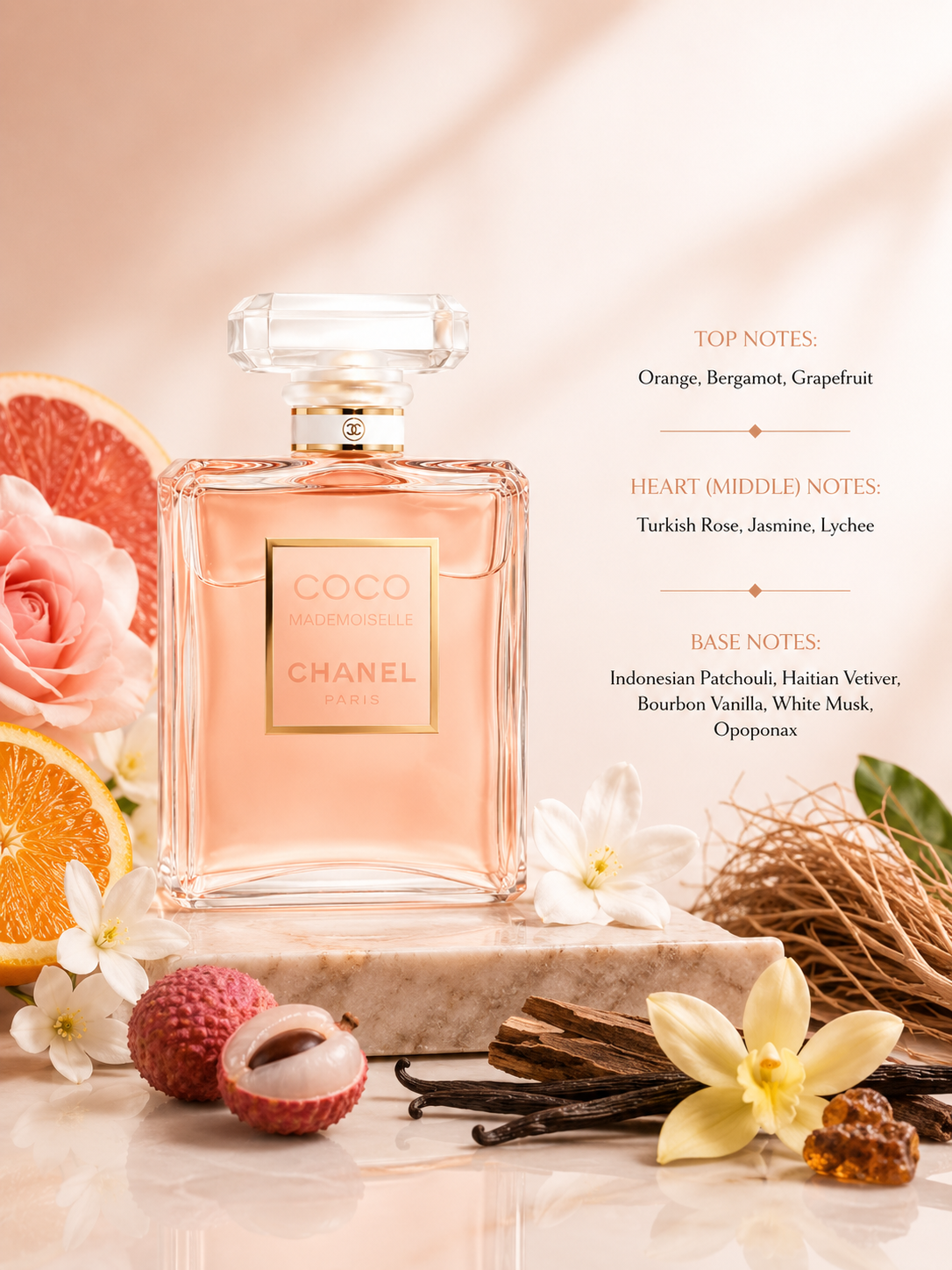 Chanel Coco Infuse perfume bottle filled with pink liquid, styled on a marble slab with citrus slices, flowers, and dried botanicals. Text on the right lists the fragrance notes.