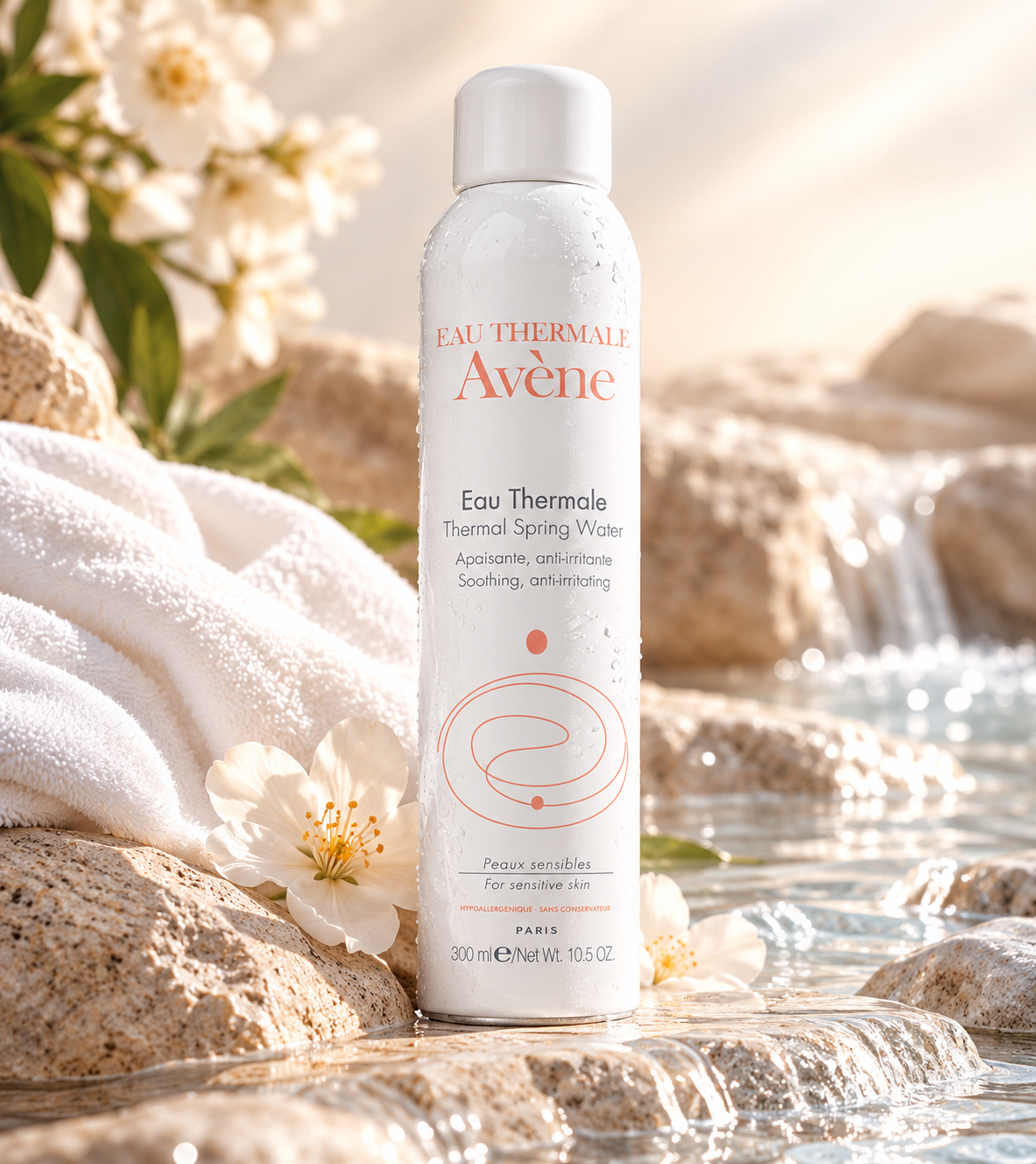 Avène Eau Thermale Thermal Spring Water 300ml soothing facial mist for sensitive skin, displayed among natural stones, flowing water, white flowers and soft towels. A gentle, refreshing skincare spray designed to soothe irritation and comfort sensitive skin.