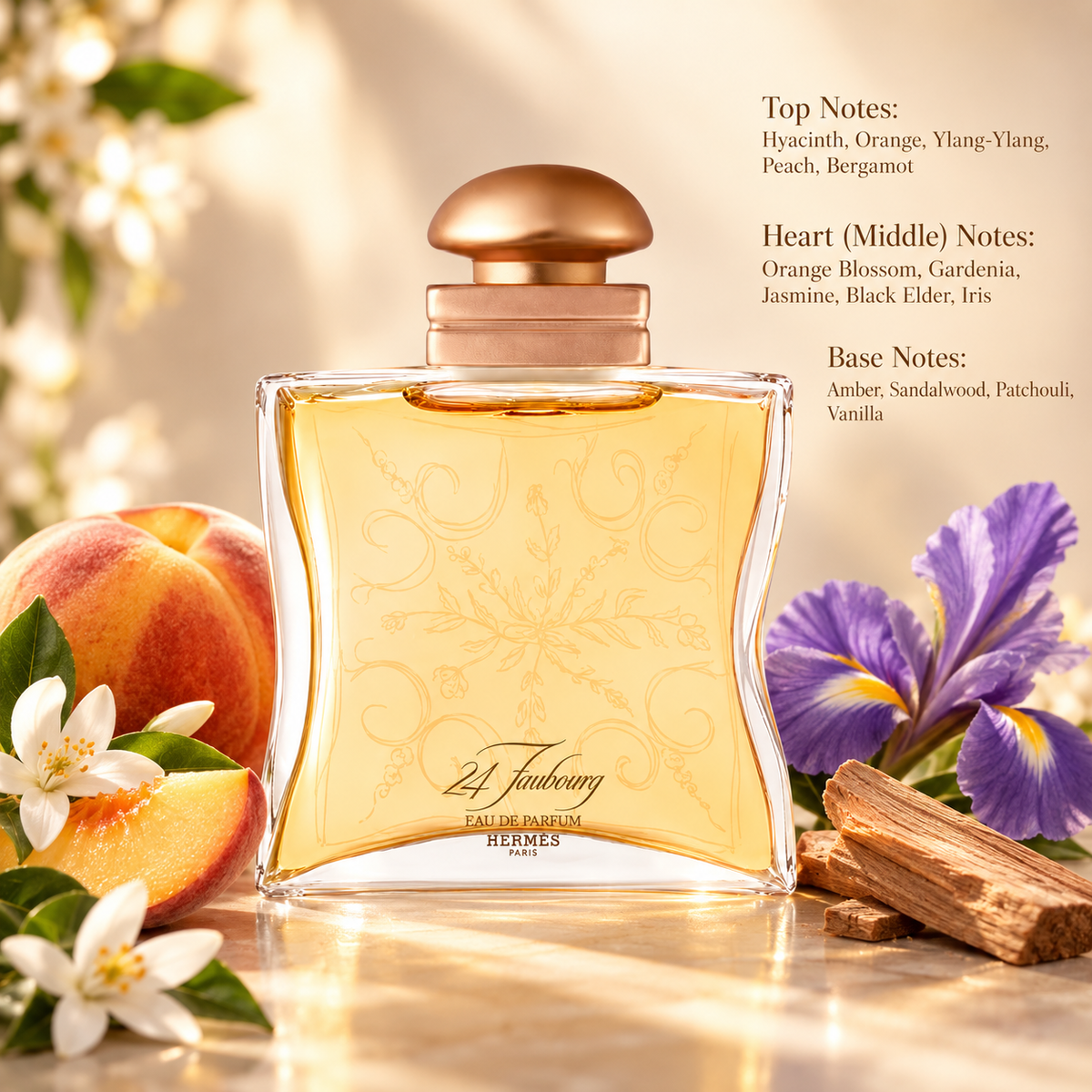Hermès 24 Faubourg Eau de Parfum for women, featuring an elegant golden perfume bottle with delicate floral engravings and a rose-gold cap. Surrounded by fresh peaches, white orange blossoms, purple iris flowers and sandalwood against a warm beige background. A luxurious feminine floral amber fragrance with notes of jasmine, gardenia, vanilla and patchouli.