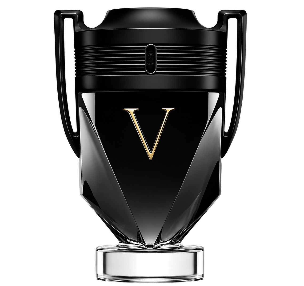 Paco Rabanne Invictus Victory Eau de Parfum 100ml showcased on a pure white background, featuring its iconic trophy-inspired bottle with a matte black finish, smoky transparent base and elegant gold "V" emblem, emphasizing its bold, luxurious and masculine design.