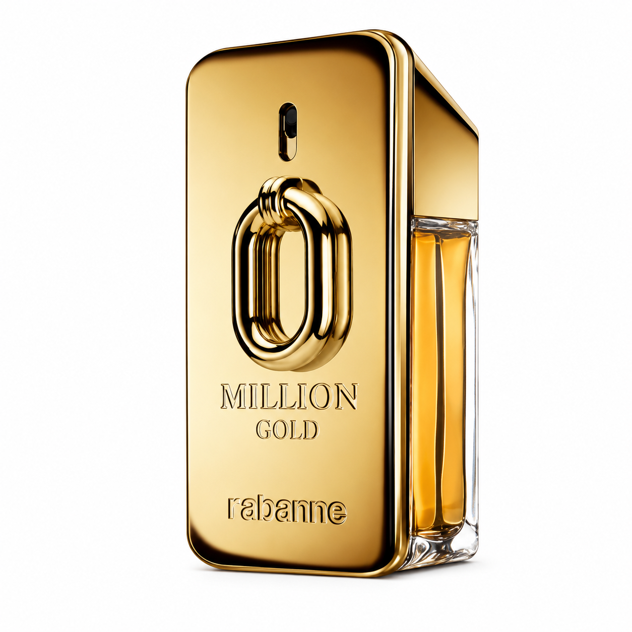 Rabanne Million Gold Intense 50ml EDP elegantly presented on a pure white background, highlighting its iconic gold ingot-inspired bottle with a radiant mirror-like finish, refined transparent side panel and luxurious minimalist design that emphasizes its premium craftsmanship.