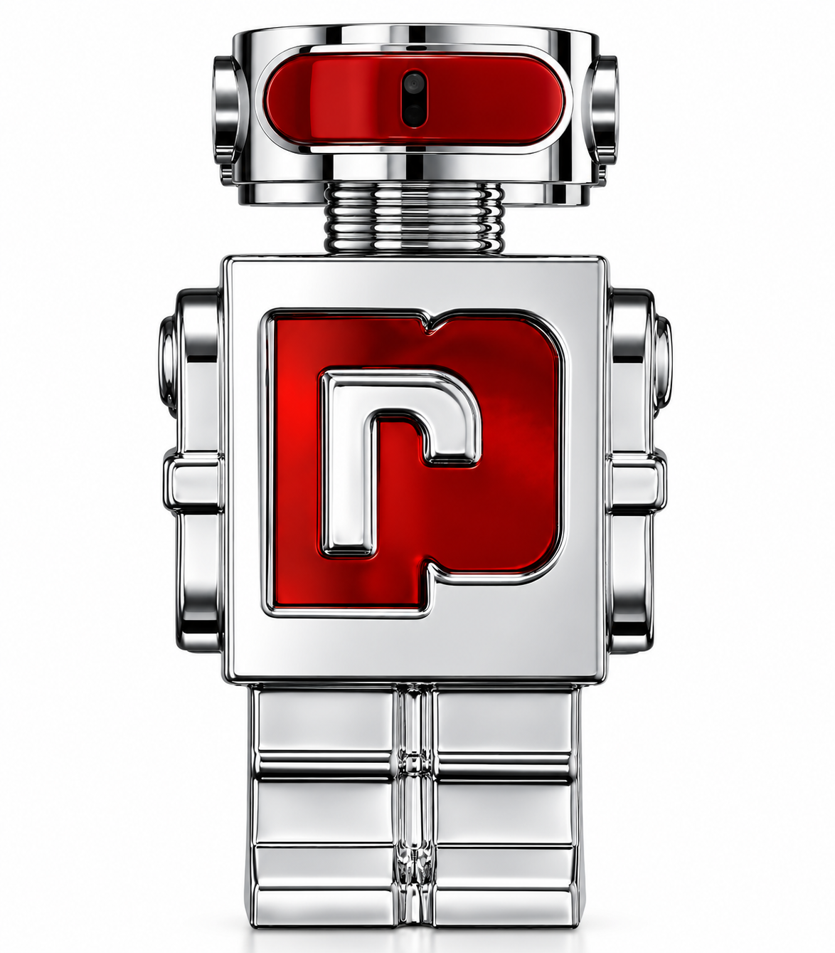 Rabanne Phantom Elixir presented in its distinctive futuristic robot-shaped bottle, featuring a highly polished silver metallic finish with striking deep-red panels and the signature embossed Rabanne “R” emblem, photographed against a clean pure white background.
