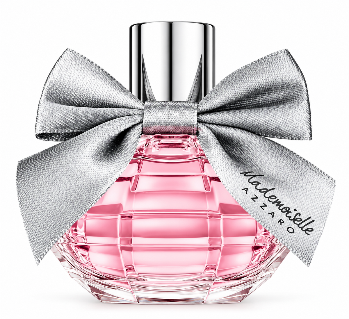 Azzaro Mademoiselle perfume bottle in faceted transparent pink glass with a polished silver cap and oversized silver satin bow, photographed on a clean white background highlighting its elegant feminine design.