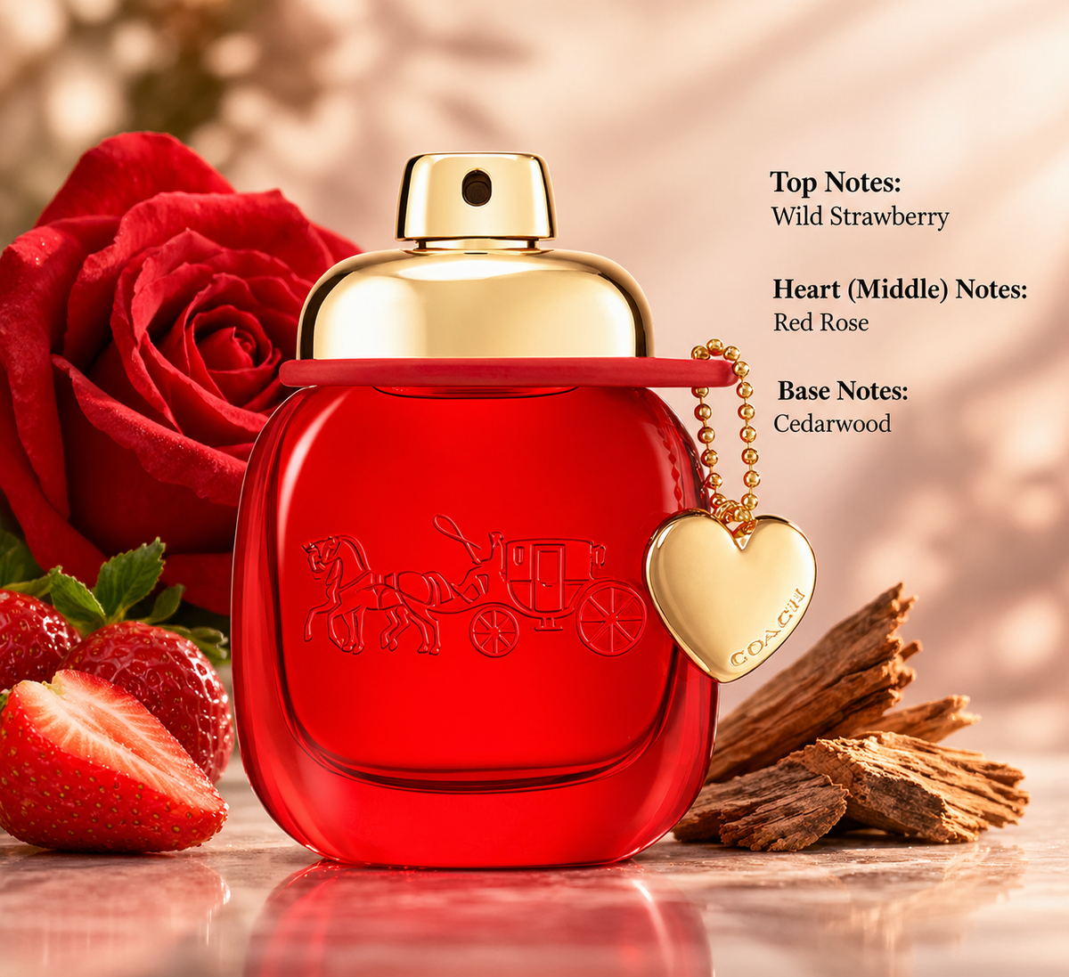 Coach Love Eau de Parfum for women, featuring a vibrant red perfume bottle with a gold spray top and signature heart charm, surrounded by red roses, fresh strawberries and cedarwood. A romantic fruity floral fragrance with wild strawberry top notes, red rose heart notes and a warm cedarwood base, presented against an elegant, soft peach background.