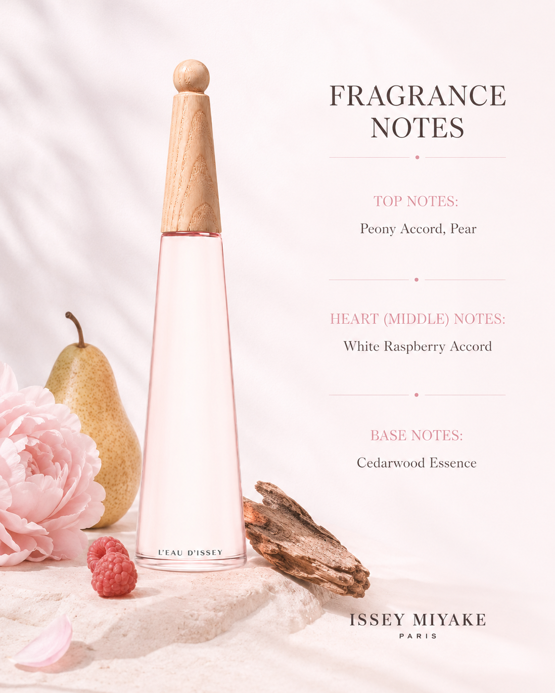 Minimalist Issey Miyake perfume bottle with a wooden cap, styled with pear, peony, raspberry, and cedarwood elements to reflect its delicate fruity-floral scent.