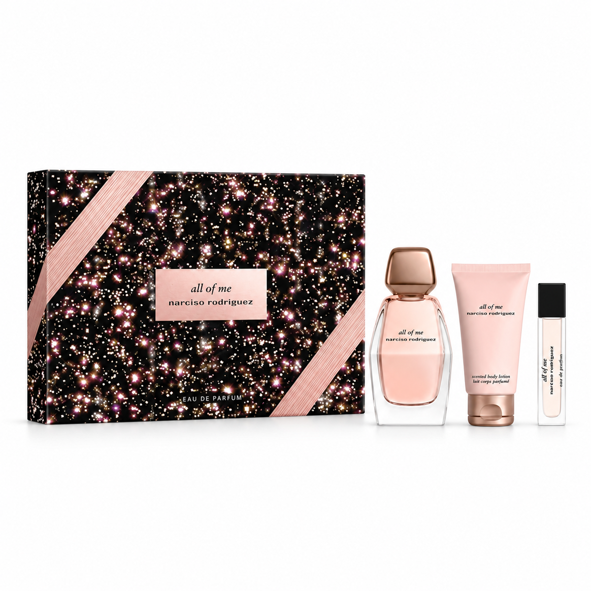Narciso Rodriguez All of Me Eau de Parfum gift set for women, featuring an elegant pink perfume bottle, matching scented body lotion and travel-size fragrance. Presented alongside a luxurious black gift box with sparkling details and soft pink ribbons, on a clean white background.