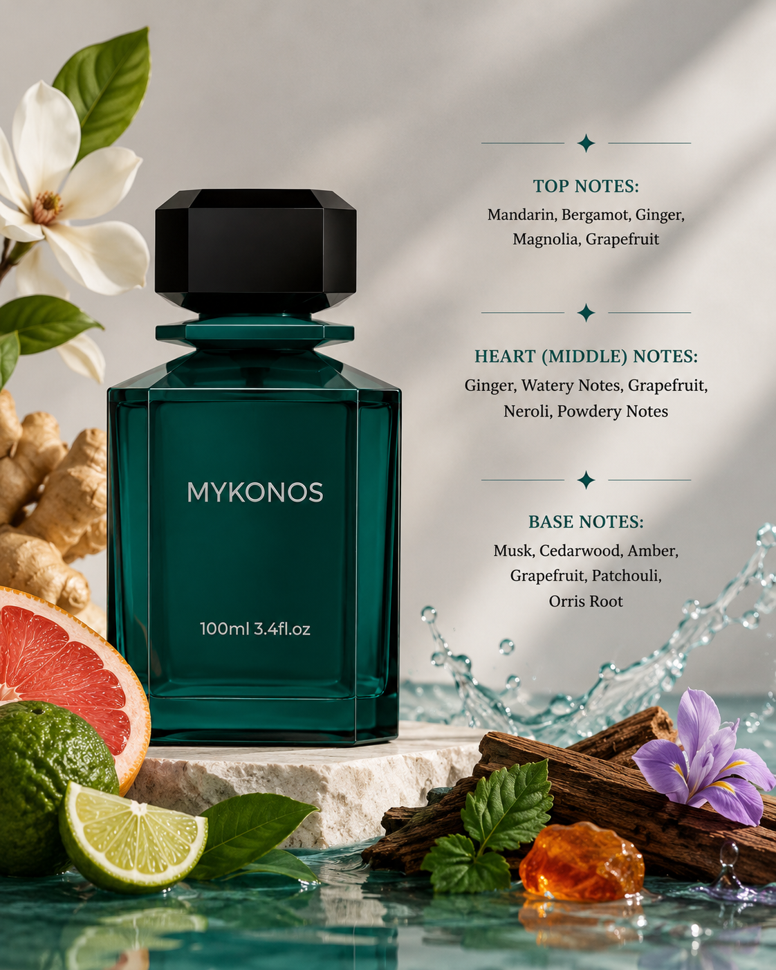 Mykonos Sorrento Eau de Parfum displayed among fresh mandarin, bergamot, grapefruit, lime, ginger root, magnolia blossom, neroli flowers, delicate iris petals, cedarwood, patchouli leaves, amber resin and crystal-clear water splashes, creating a refined Mediterranean composition that reflects its vibrant citrus opening, fresh aquatic heart and warm woody-amber base.
