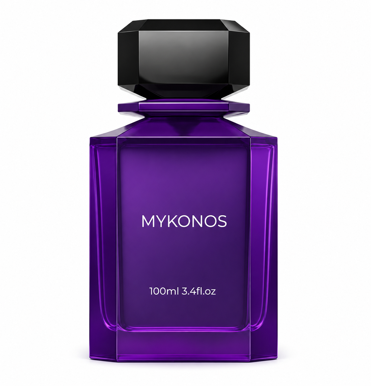 Mykonos Penthouse Extrait de Parfum in a luxurious deep purple glass bottle with a faceted black cap, isolated on a clean white background.