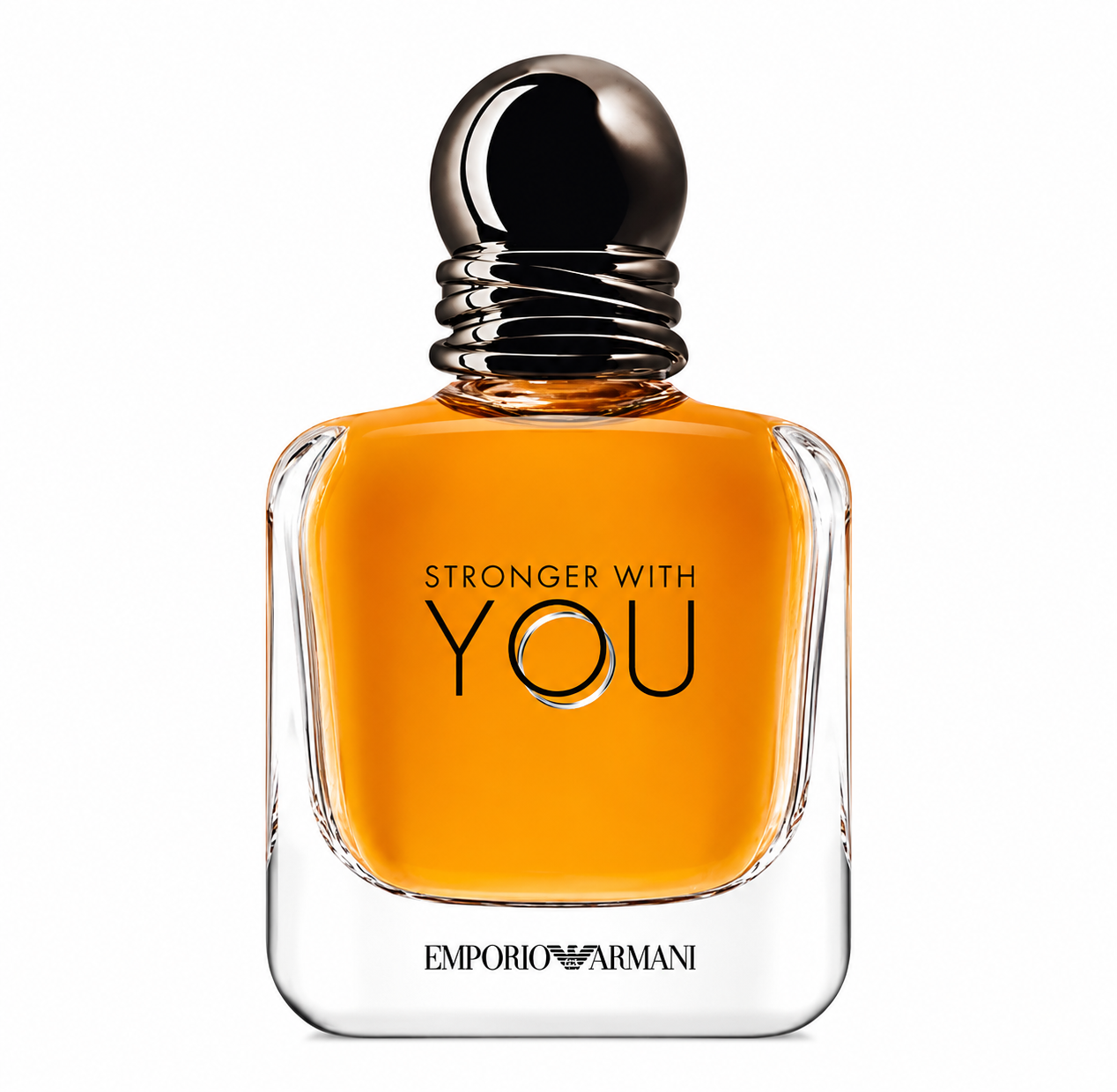 Emporio Armani Stronger With You Eau de Toilette bottle featuring warm amber-colored fragrance in a clear glass bottle with a signature smoky metallic cap.