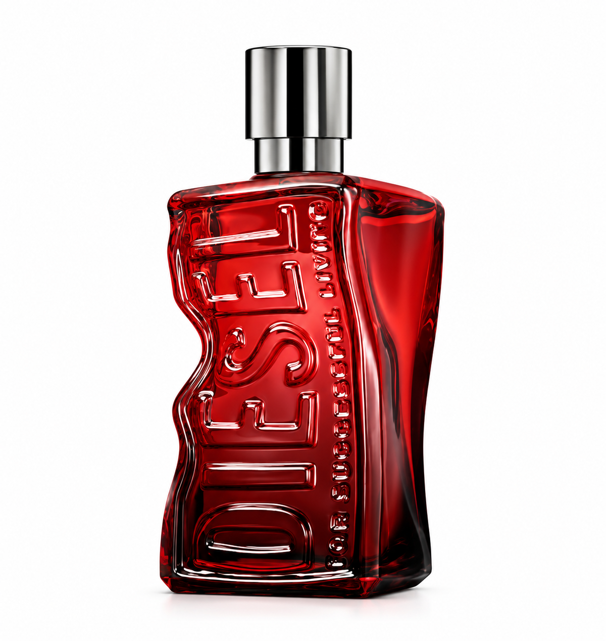 Diesel D by Diesel perfume bottle in bold red glass with embossed Diesel branding and a polished metallic cap, photographed on a clean white background.