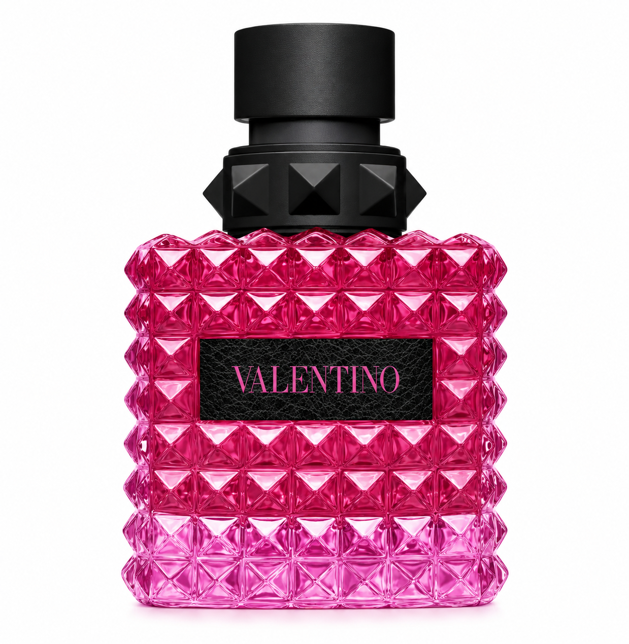 Valentino Born in Roma Donna Pink PP Eau de Parfum bottle isolated on a white background, featuring a vibrant pink studded glass bottle with a matte black cap and black Valentino label, showcasing the fragrance's bold, modern, and couture-inspired design.