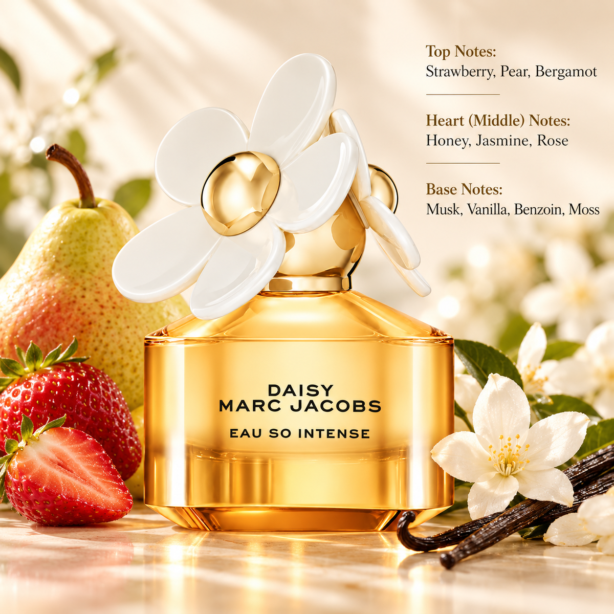 Marc Jacobs Daisy Eau So Intense perfume in a golden amber bottle with decorative white daisies, surrounded by fresh strawberries, ripe pear, delicate jasmine flowers and vanilla pods. A luxurious fruity floral fragrance with honey, rose, musk and vanilla notes in a warm, elegant setting.