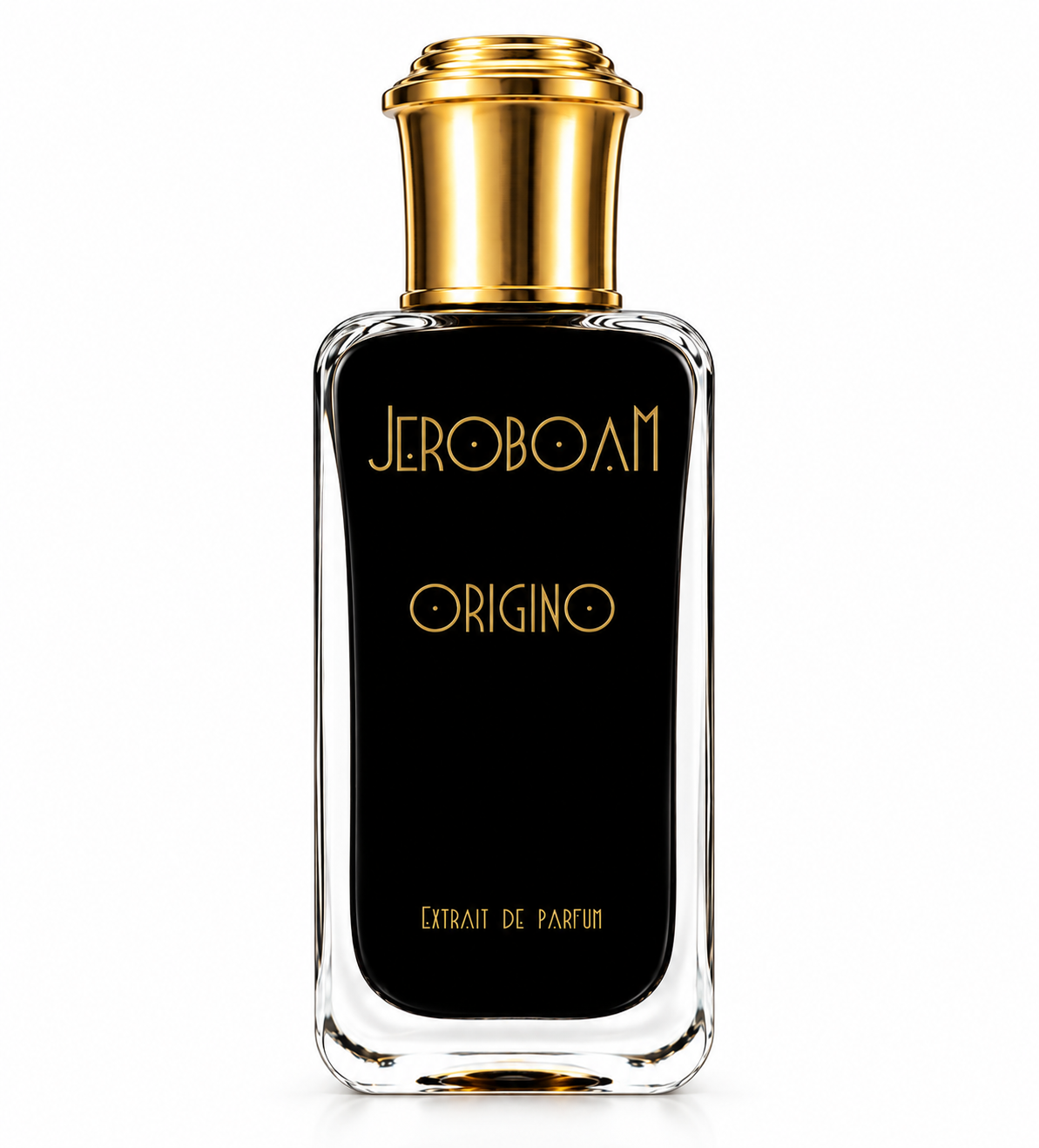 Jeroboam Origino Extrait de Parfum luxury niche fragrance in a sophisticated black bottle with a thick transparent glass frame, elegant gold lettering and a polished gold cap, photographed against a clean white background.