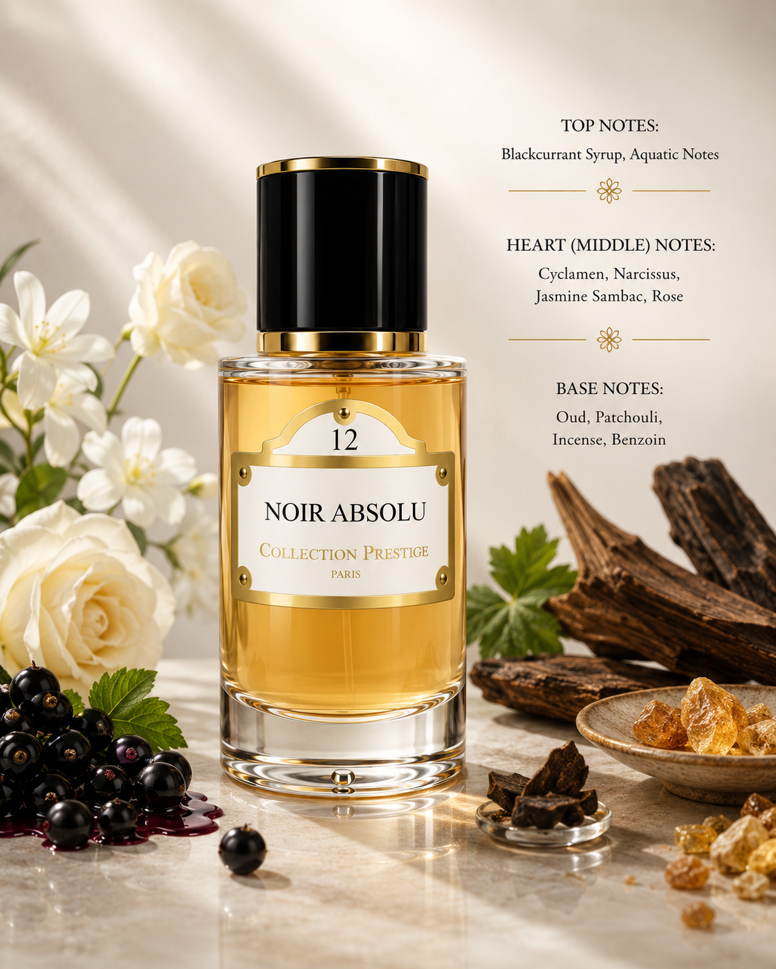 Collection Prestige Noir Absolu No. 12 Eau de Parfum displayed among blackcurrants, white floral blossoms, oud wood, incense resin, benzoin crystals, and green foliage, reflecting its rich floral and woody composition. Opening with luscious blackcurrant syrup and aquatic notes, evolving into a refined bouquet of cyclamen, narcissus, jasmine sambac, and rose, before settling into an opulent base of oud, patchouli, incense, and benzoin, this fragrance delivers a sophisticated, mysterious, and enduring olfacto