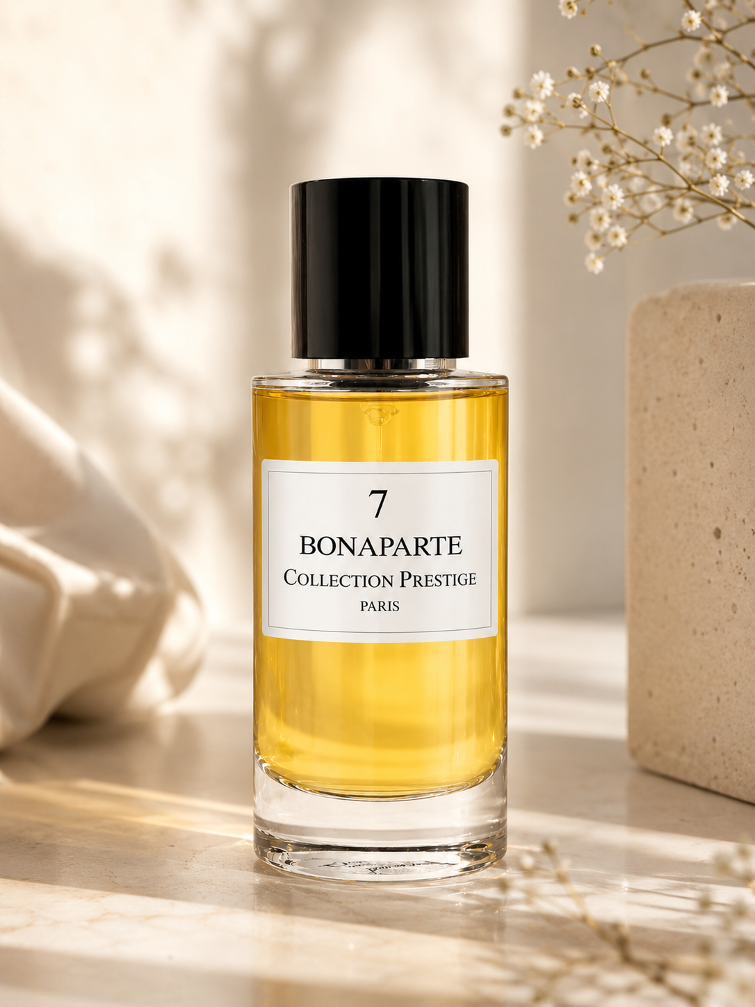 Collection Prestige 7 Bonaparte fragrance displayed in an elegant sunlit setting with soft white flowers, warm natural tones, and luxurious minimalist styling.