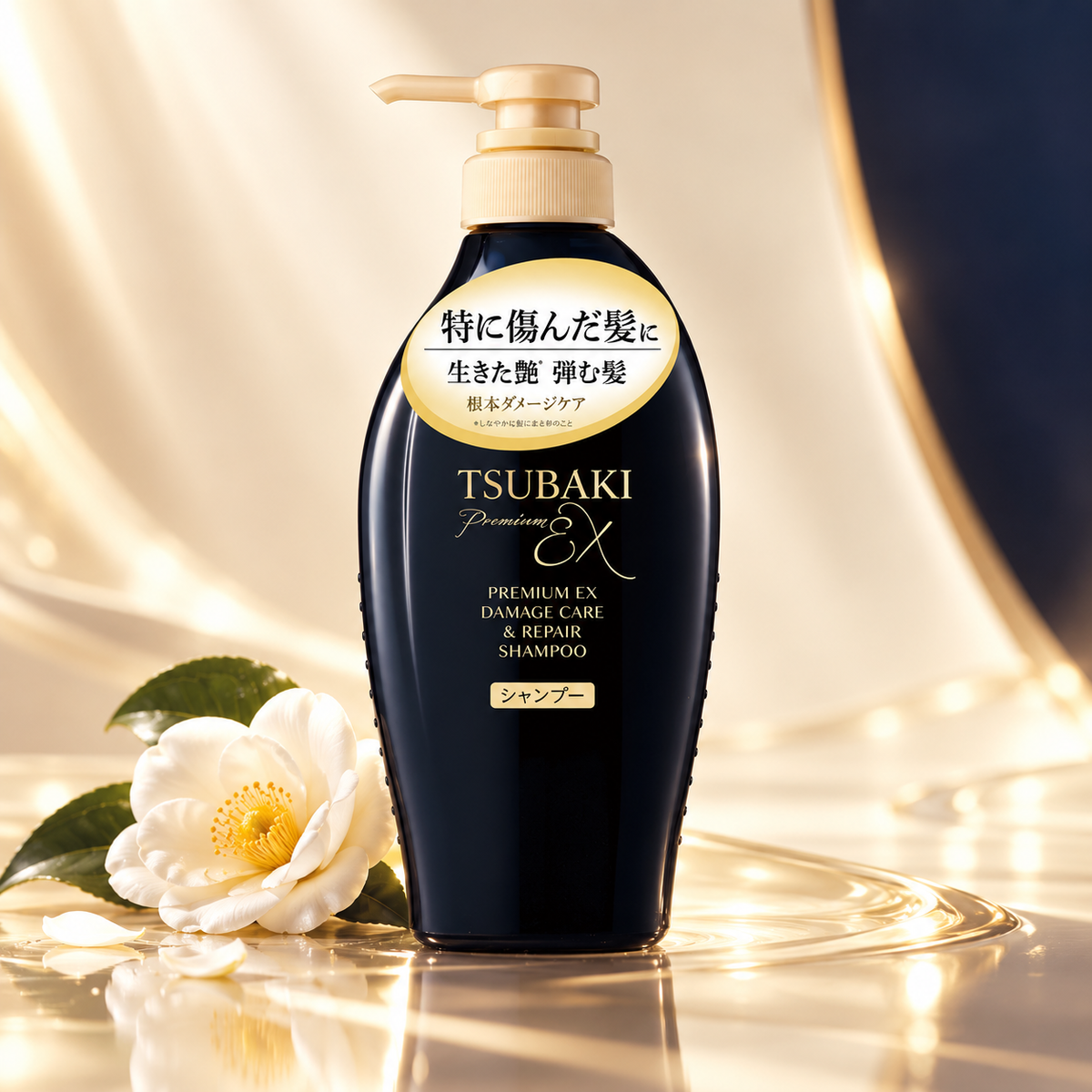 TSUBAKI Premium EX Damage Care & Repair Shampoo in an elegant black bottle with a gold pump and Japanese lettering, surrounded by delicate white camellia flowers and golden reflections. A luxurious Japanese hair care shampoo designed for damaged hair, presented in a refined, softly illuminated setting.