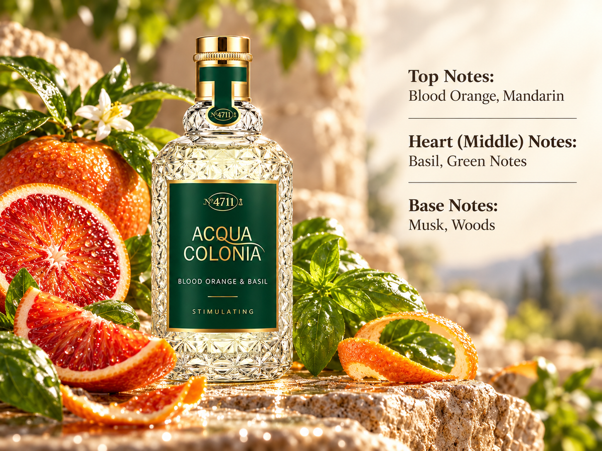 4711 Acqua Colonia Blood Orange & Basil fragrance bottle in a bright, sunlit setting with juicy blood orange, mandarin, fresh basil leaves and natural woody accents, reflecting its vibrant citrus, aromatic green and softly musky scent profile.