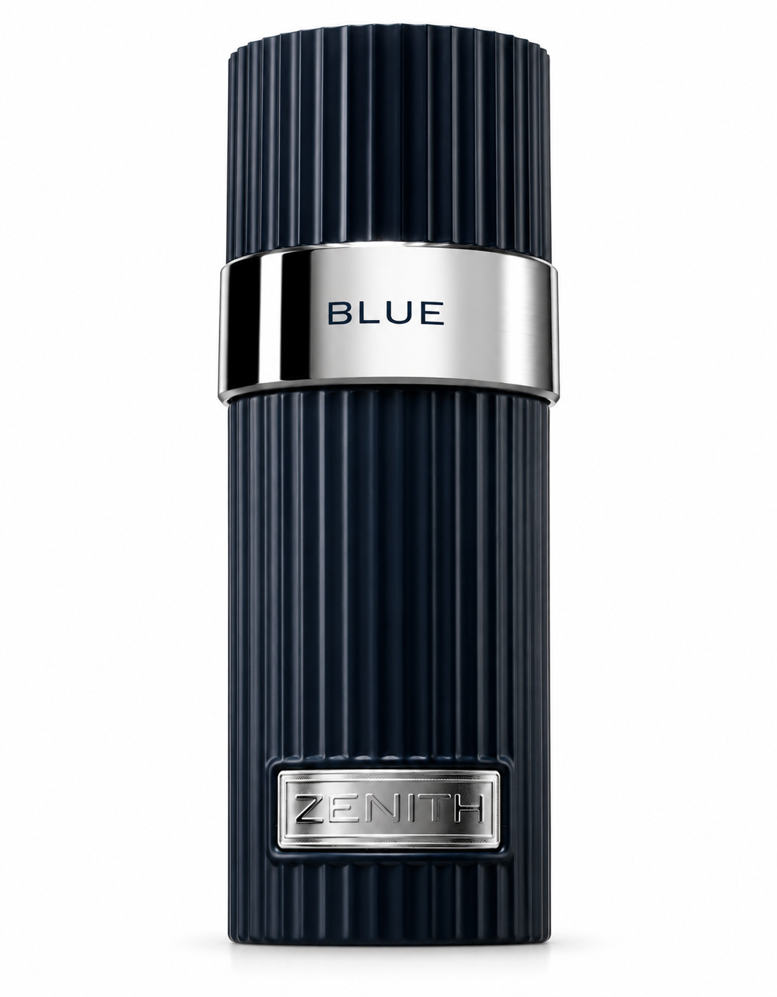 Zenith Blue perfume bottle in a sleek dark navy ribbed design with polished silver detailing, blue lettering and a metallic Zenith plaque, presented on a clean white background.