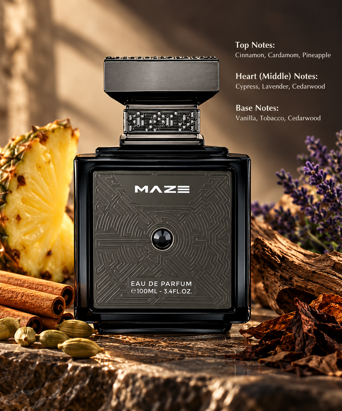 Gulf Orchid Maze Eau de Parfum displayed in a warm, luxurious setting with pineapple, cinnamon sticks, cardamom, lavender and cedarwood. A rich spicy, woody fragrance featuring cypress, vanilla and tobacco notes, presented against an elegant amber-toned background.