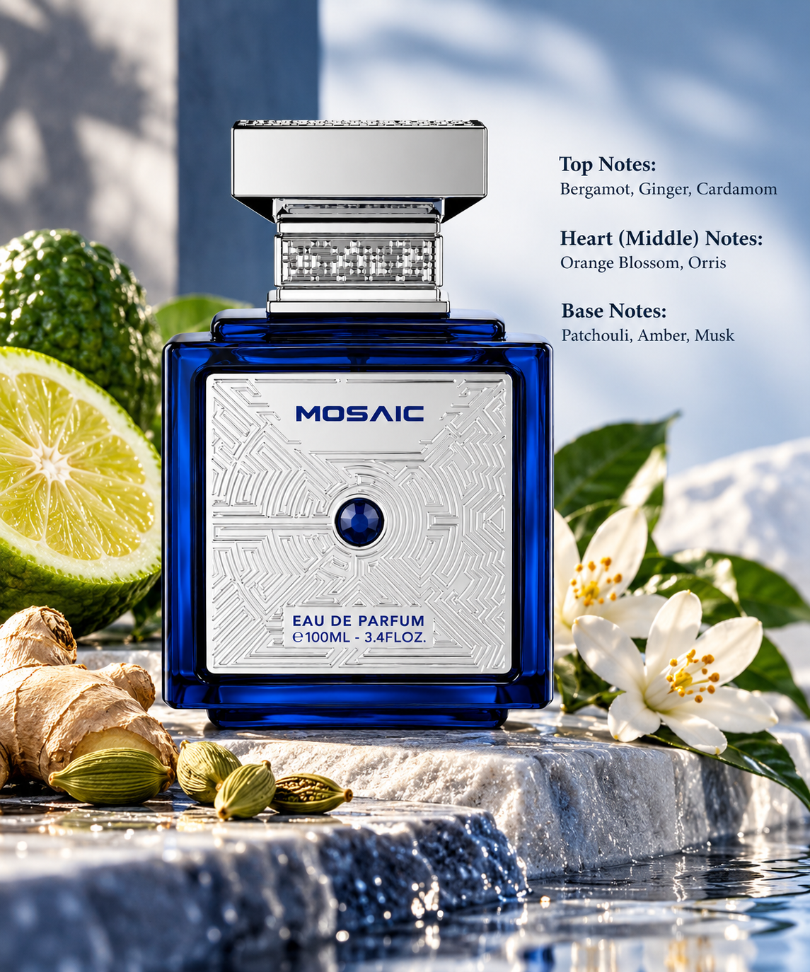 Gulf Orchid Mosaic 100ml Eau de Parfum displayed in an elegant, refreshing setting with bergamot, ginger, cardamom and white orange blossom flowers. A sophisticated citrus, floral and woody fragrance with orris, patchouli, amber and musk notes, presented against a soft blue background.