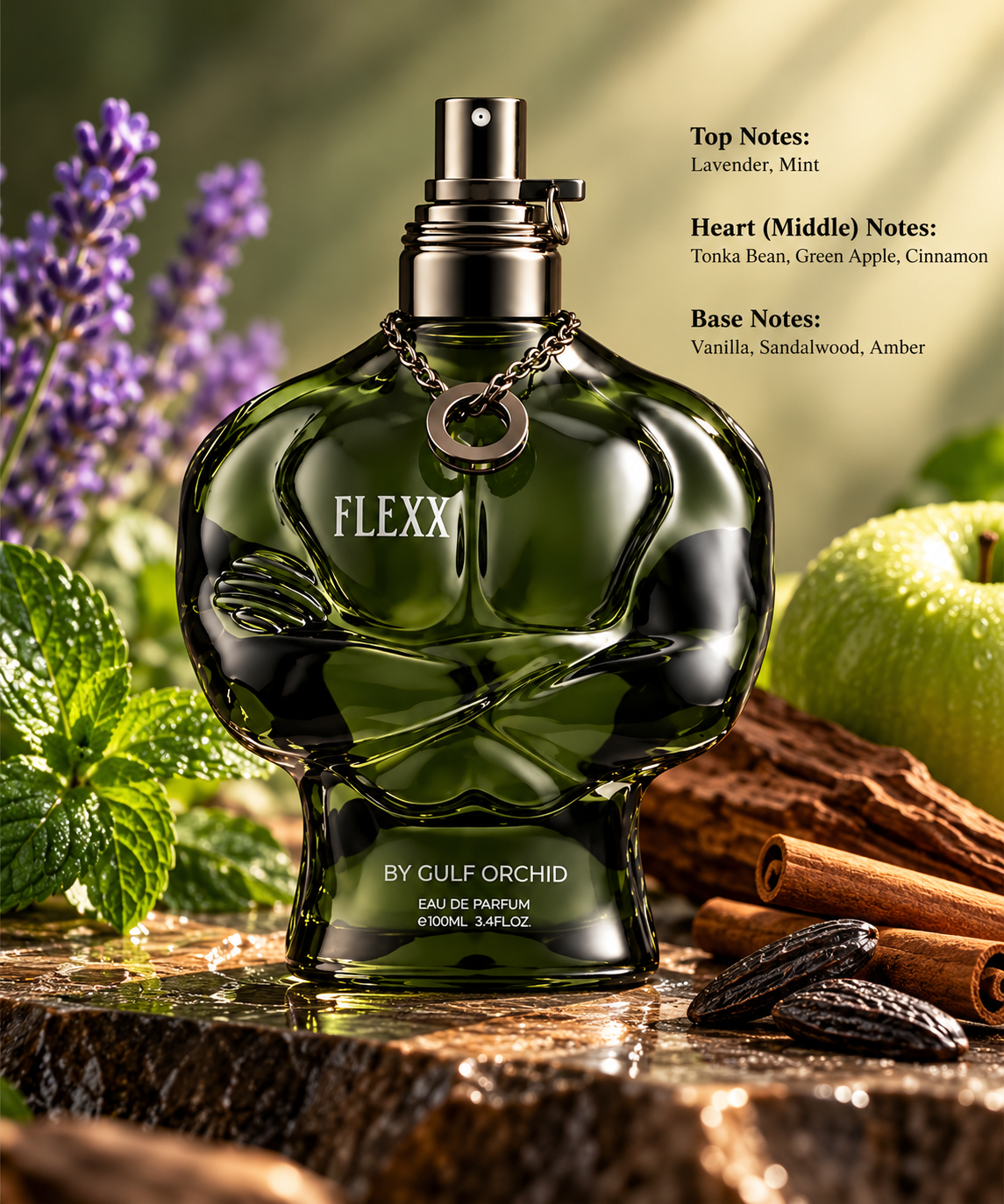 Gulf Orchid Flexx Eau de Parfum displayed in an elegant natural setting with lavender, fresh mint, green apple, cinnamon and tonka beans. A masculine aromatic fragrance combining refreshing herbal notes with warm vanilla, sandalwood and amber on a luxurious woodland-inspired background.