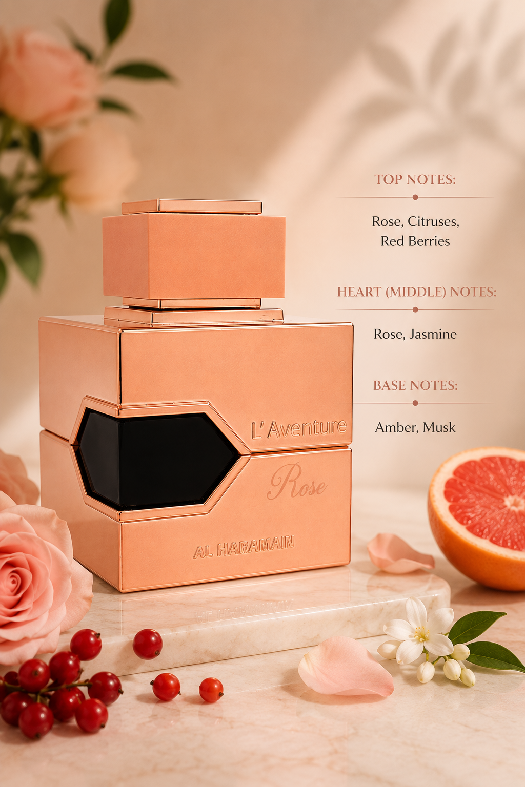 Rose gold perfume bottle with floral and fruit elements on a light background