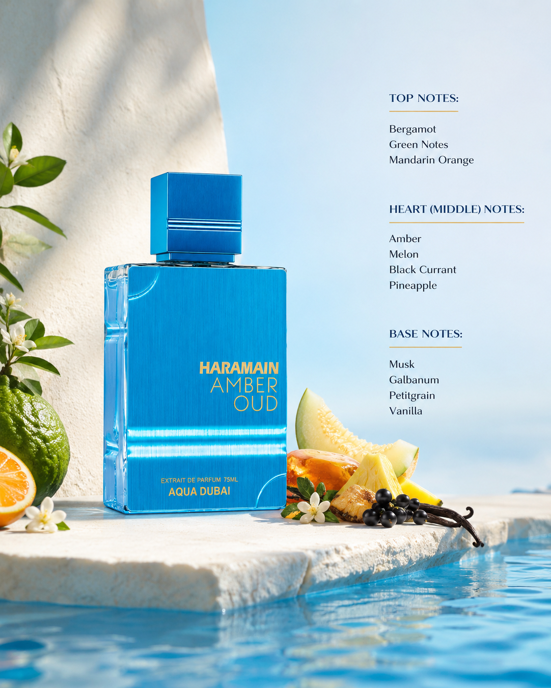 Al Haramain Amber Oud Aqua Dubai Extrait de Parfum 75ml displayed poolside with bergamot, melon, pineapple, black currant, amber and vanilla elements representing its fresh fruity fragrance notes.