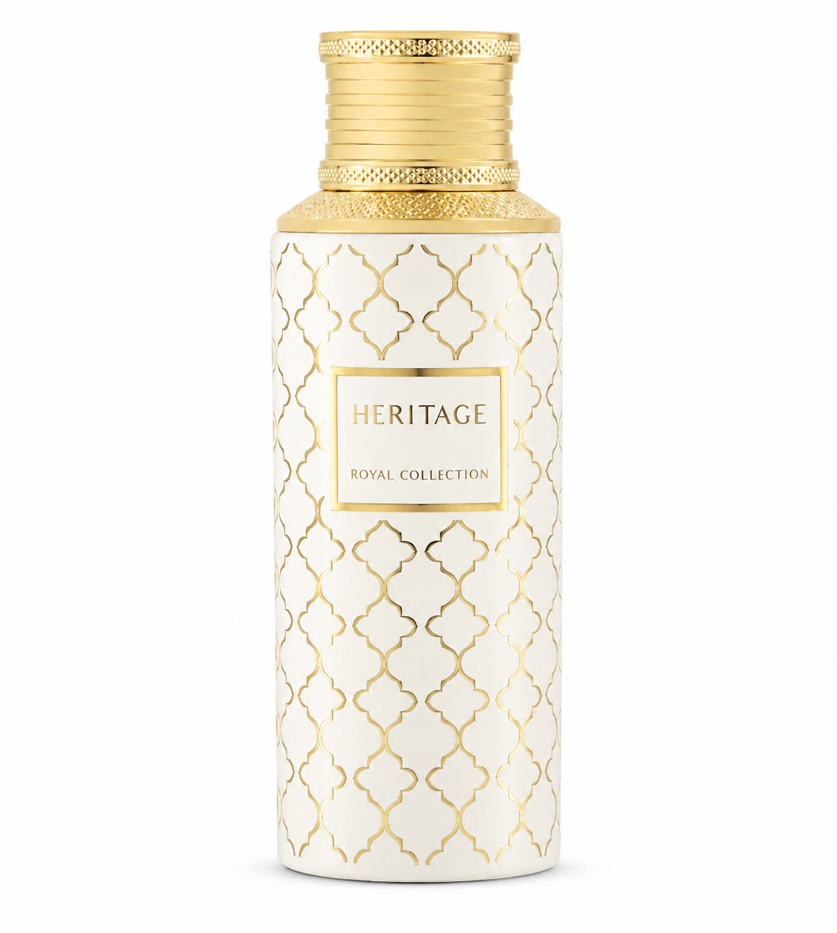 Maison Asrar Heritage Royal Collection 100ml Eau de Parfum featuring an elegant ivory-white cylindrical bottle with intricate gold geometric patterns, a luxurious textured gold cap and a central Heritage label. Premium Arabian fragrance photographed against a pure white background.
