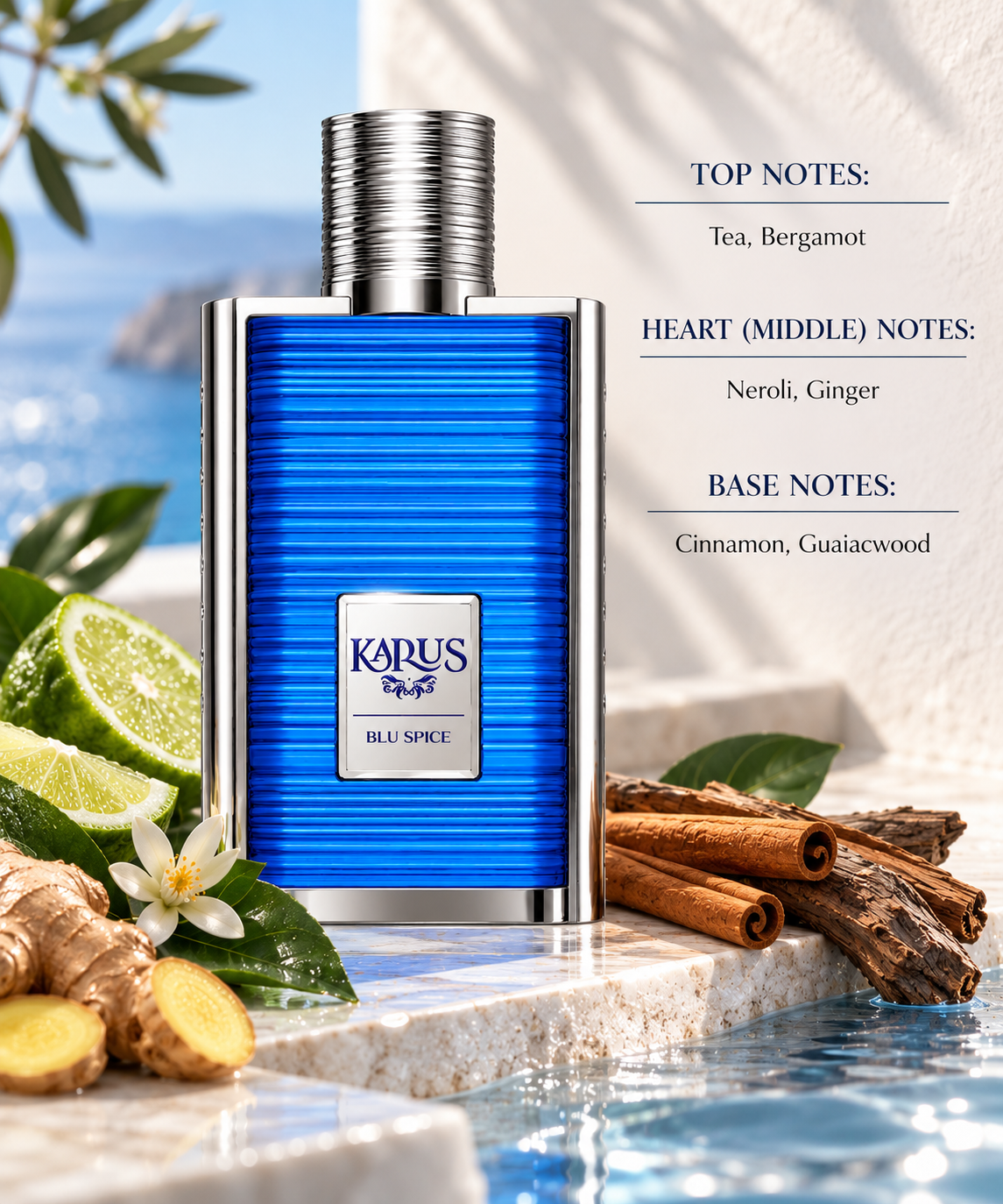Khadlaj Karus Blu Spice presented in a fresh Mediterranean-inspired setting with bergamot, tea leaves, neroli and ginger alongside warm cinnamon and guaiac wood elements, visually expressing its crisp citrus-spicy character and smooth woody finish.