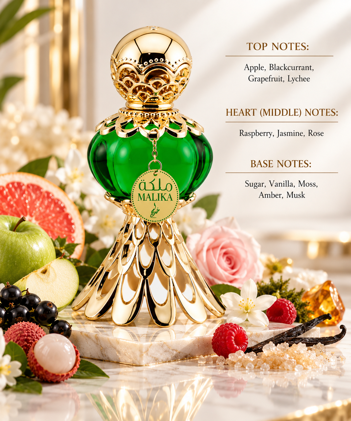 Khadlaj Malika Green styled in a luminous, elegant setting with green apple, blackcurrant, grapefruit and lychee alongside raspberry, jasmine and rose, complemented by vanilla, sugar, moss and warm amber accents to express its fruity-floral sweetness and sensual musky finish.