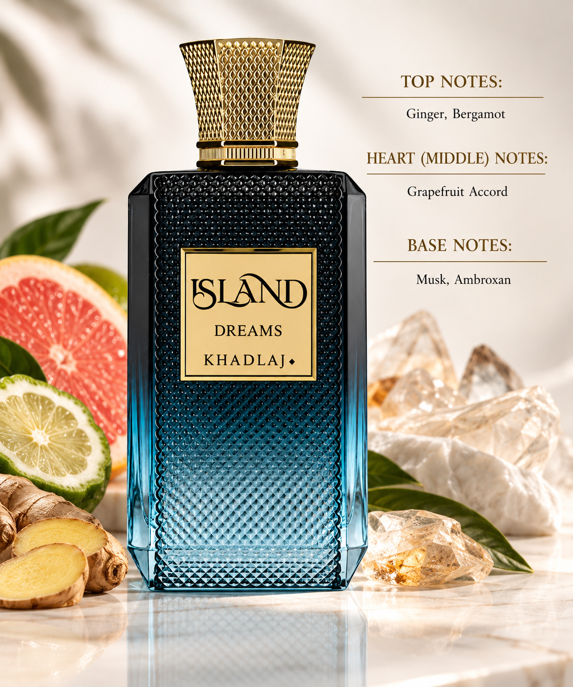 Khadlaj Island Dreams presented in an elegant fresh setting with ginger, bergamot and grapefruit-inspired citrus elements alongside crystalline accents, reflecting its bright citrus-spicy opening and clean, modern musk and ambroxan base.