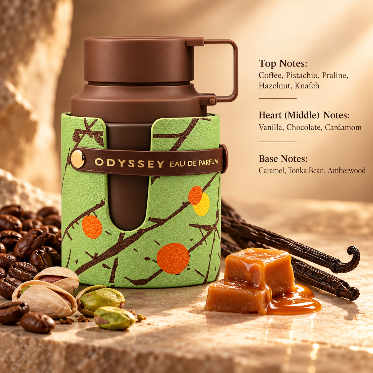 Armaf Odyssey Dubai Chocolate Eau de Parfum in its signature brown and green bottle, surrounded by coffee beans, pistachios, vanilla pods and rich caramel. Warm golden lighting highlights this indulgent gourmand fragrance with notes of chocolate, praline, hazelnut and tonka bean.