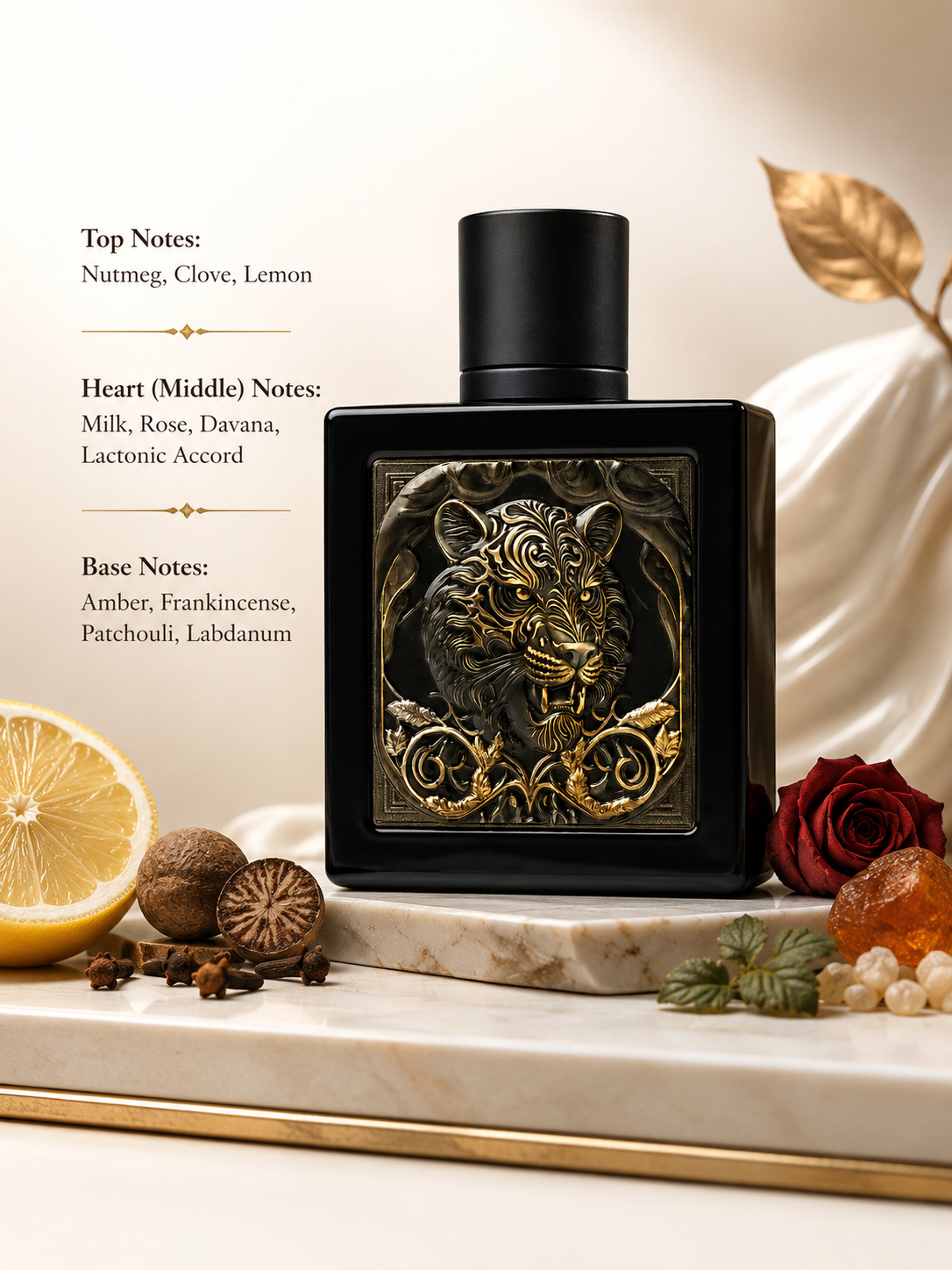 Glossy black fragrance bottle with a gold tiger emblem displayed alongside lemon, nutmeg, clove, rose, davana, frankincense, amber, patchouli, labdanum, and resinous accents, with fragrance notes listed on the left.
