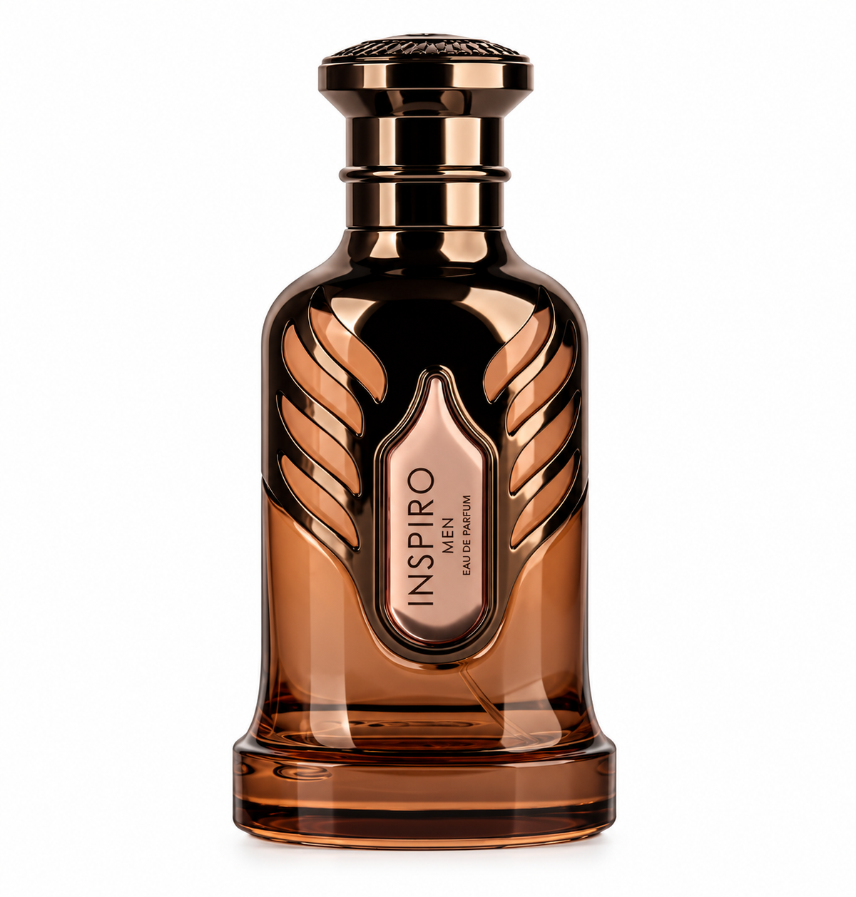 Inspiro Men Eau de Parfum by Rayhaan in an elegant amber-brown glass bottle with metallic bronze detailing, sculpted wing-inspired patterns, a decorative cap and central Inspiro Men label, photographed front-facing against a clean white background.