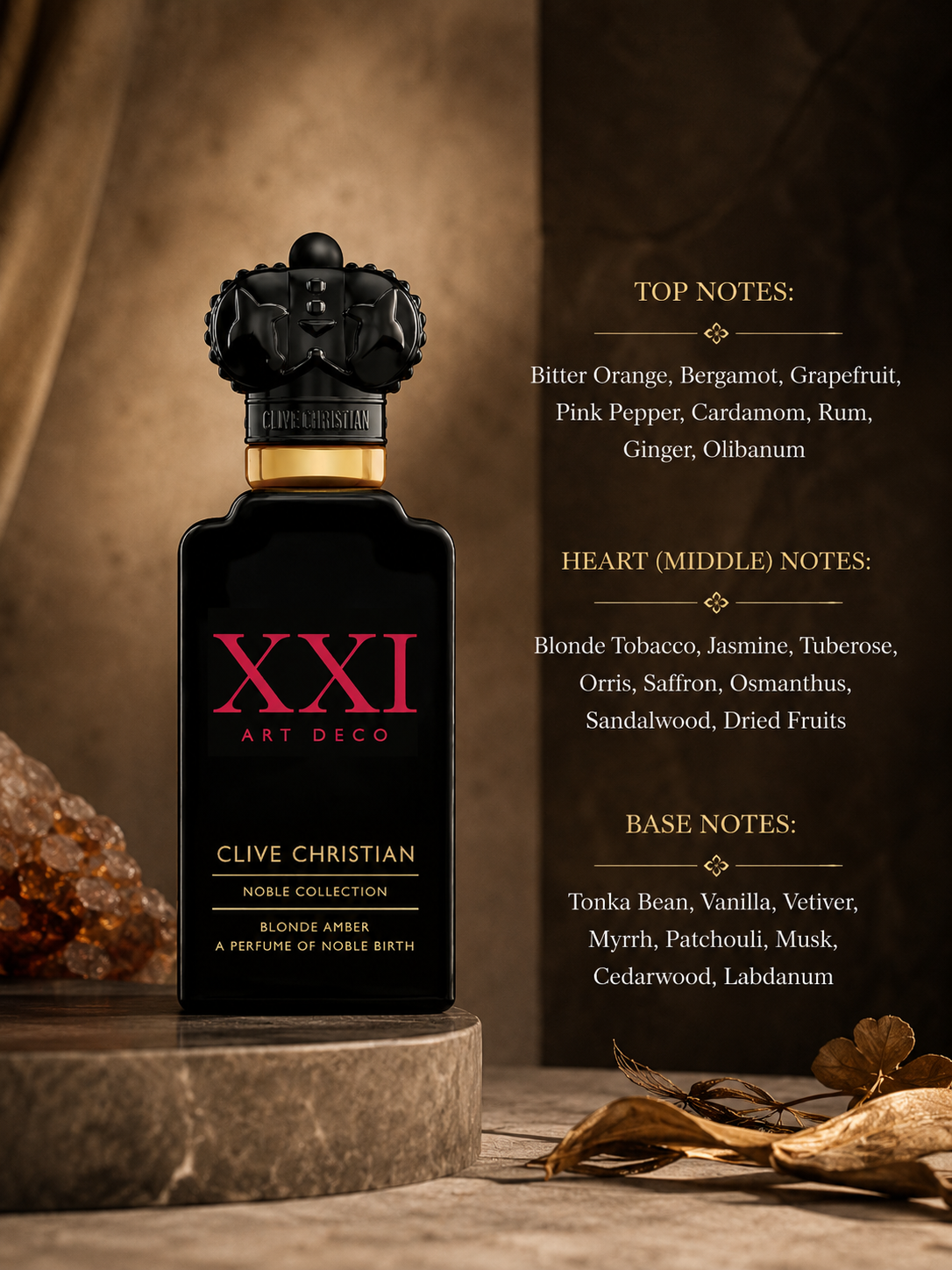 Clive Christian XXI Art Deco Blonde Amber with citrus, tobacco, vanilla and sandalwood notes.