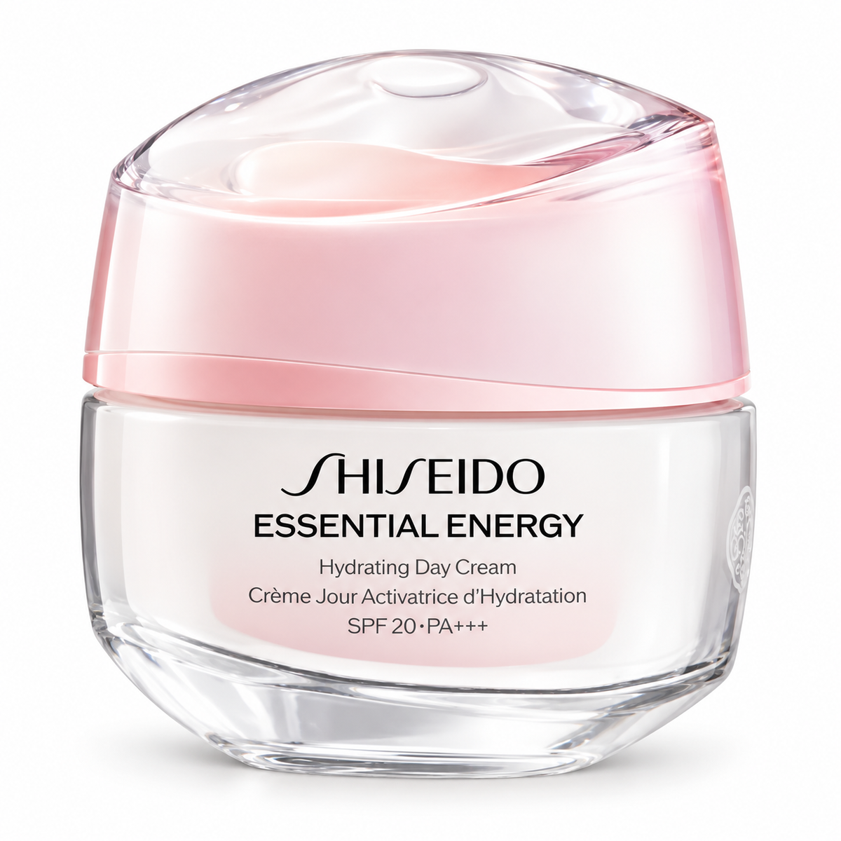 Shiseido Essential Energy Hydrating Day Cream SPF 20 PA+++ in an elegant white glass jar with a translucent soft pink lid and curved design. Premium hydrating facial moisturizer with daily sun protection, presented against a clean white background.