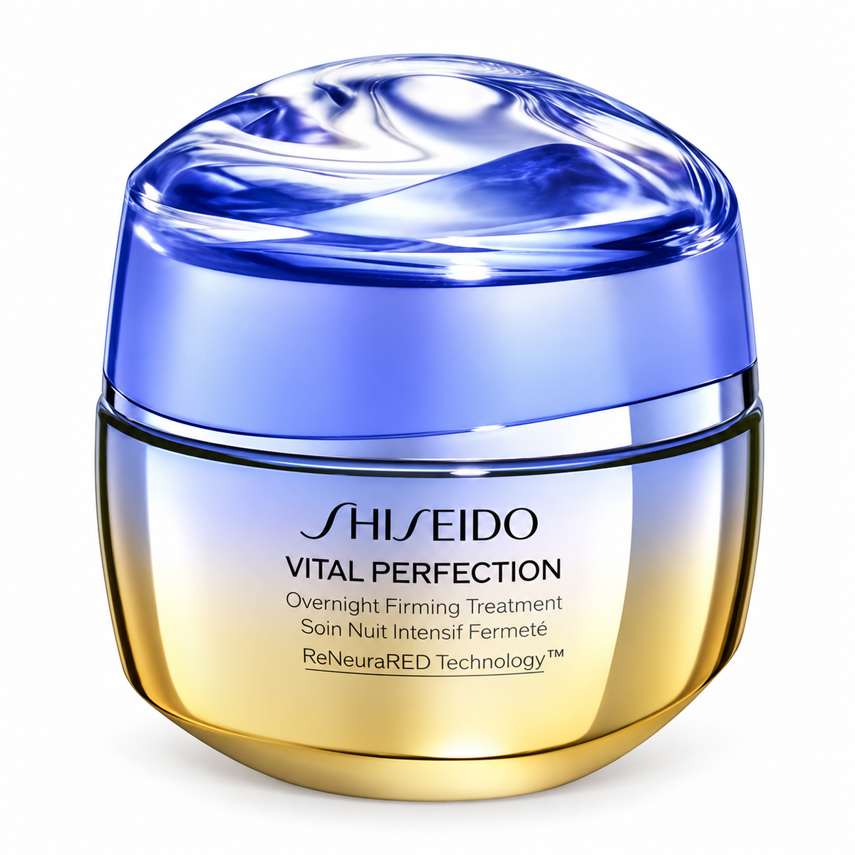 Shiseido Vital Perfection Overnight Firming Treatment in an elegant gold skincare jar with a translucent blue sculpted lid. Luxury Japanese anti-aging night cream featuring ReNeuraRED Technology, designed to improve the appearance of skin firmness, smoothness and elasticity, on a pure white background.