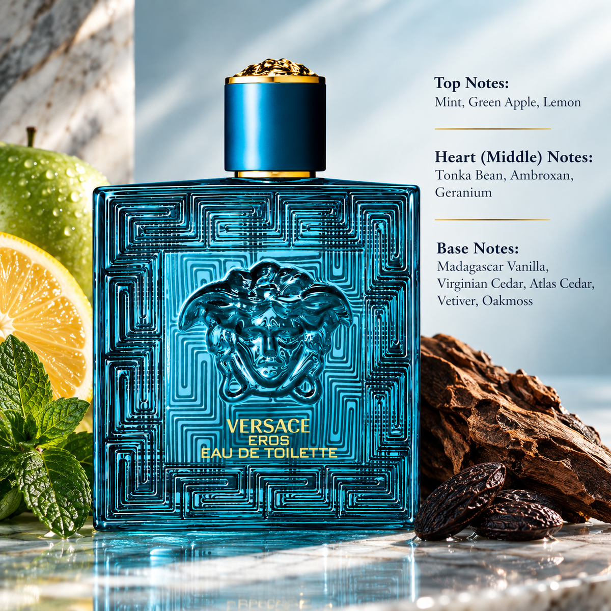Versace Eros 200ml Eau de Toilette for Men presented in a fresh, sophisticated setting inspired by its aromatic, citrus and woody character, featuring mint, green apple and lemon, a heart of tonka bean, ambroxan and geranium, and a rich base of Madagascar vanilla, Virginian cedar, Atlas cedar, vetiver and oakmoss.