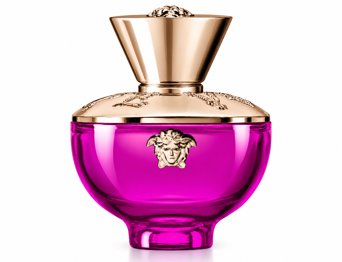 Versace Dylan Purple Pour Femme Eau de Parfum for women in a vibrant purple glass bottle with a luxurious rose gold cap, elegant decorative engravings and the iconic gold Medusa emblem, photographed against a clean, pure white background.