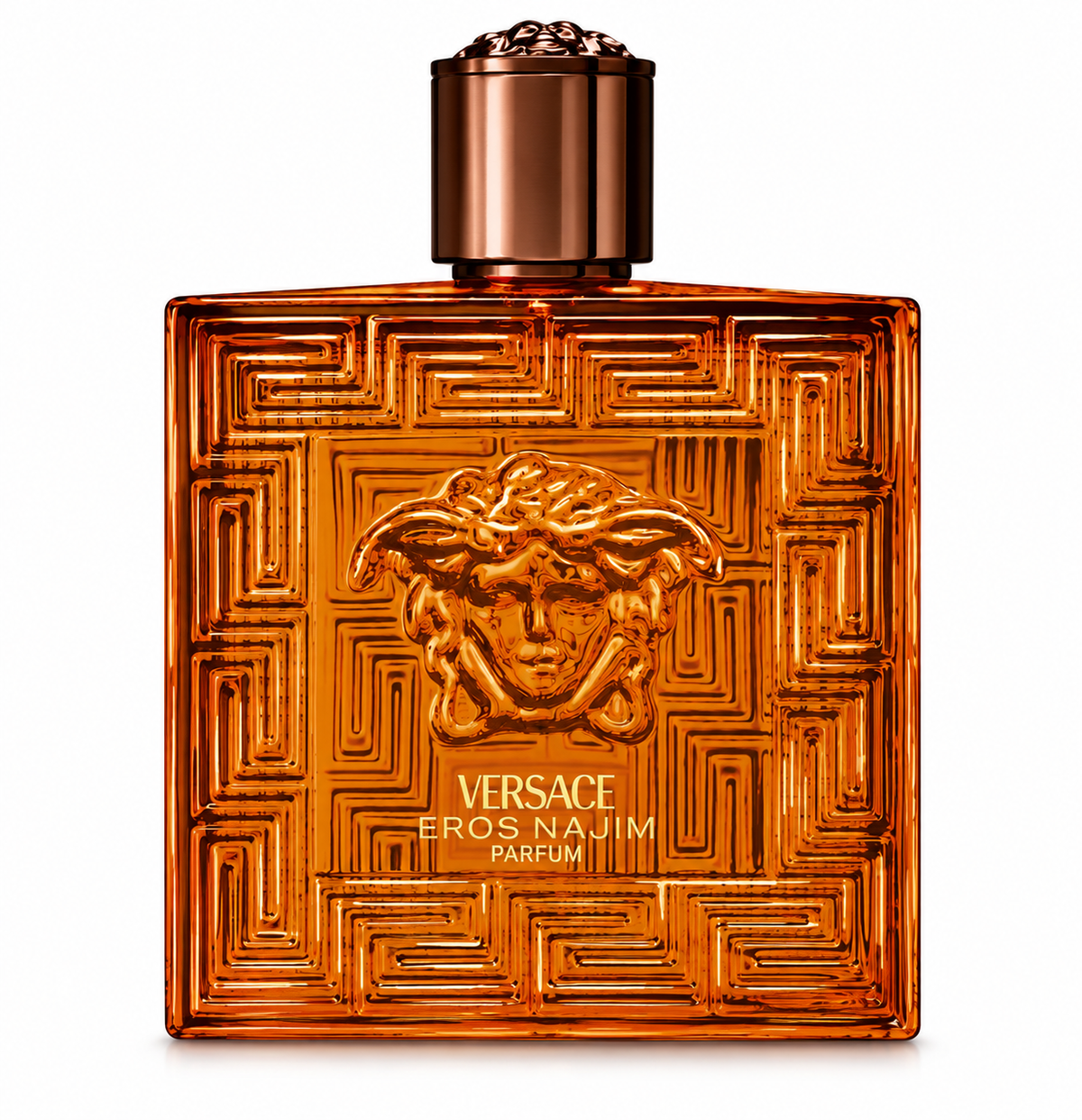 Versace Eros Najim 200ml Parfum for Men presented in its striking amber-orange glass bottle with intricate Greek key detailing, prominent sculpted Medusa emblem and luxurious bronze metallic cap, photographed against a clean pure white background.