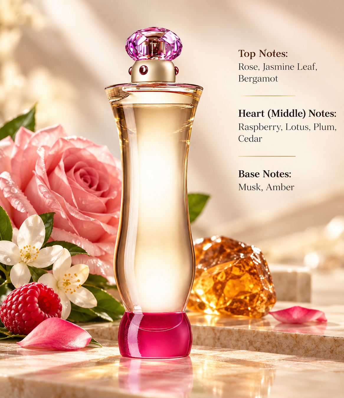 Elegant women's perfume bottle with golden fragrance, a faceted pink crystal cap and deep pink base, displayed on warm marble beside pink roses, jasmine flowers, raspberries and amber. Fragrance notes include rose, bergamot, raspberry, lotus, plum, cedar, musk and amber.