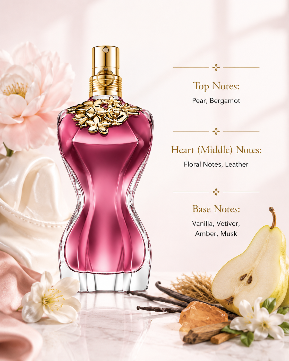 Jean Paul Gaultier Classique EDT women's perfume with pear, bergamot, white flowers, vanilla, amber and vetiver representing its fragrance notes.