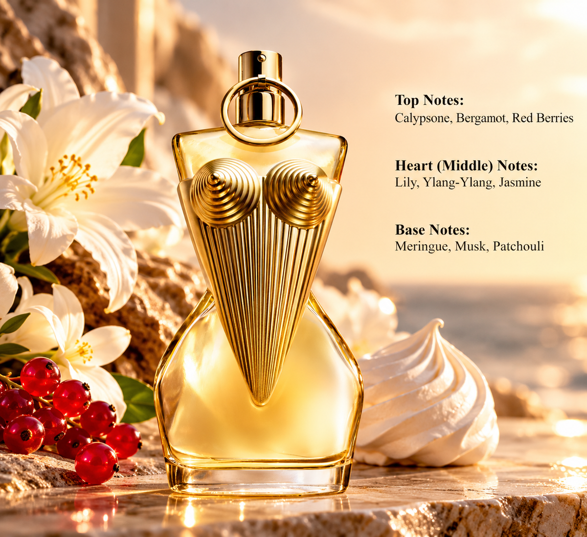 Jean Paul Gaultier Gaultier Divine perfume in an elegant gold corset-shaped bottle, displayed against a warm coastal sunset with white lilies, red berries and creamy meringue. A luxurious feminine fragrance featuring bergamot, jasmine, ylang-ylang, musk and patchouli.