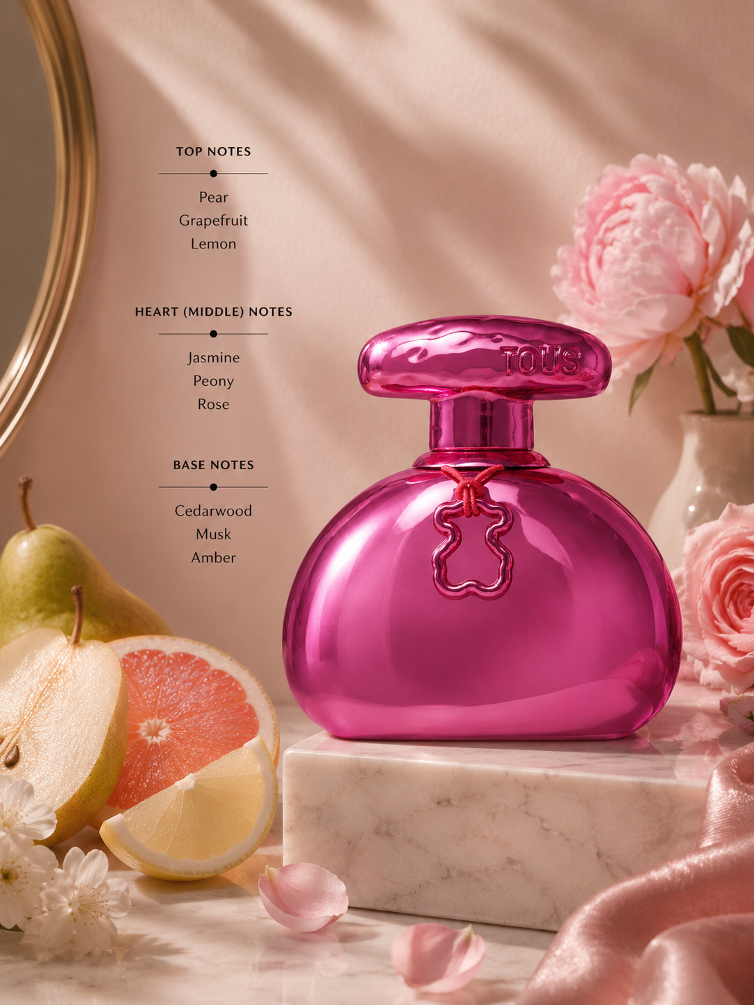 Tous LoveMe Eau de Parfum displayed with pear, grapefruit, lemon, peony, rose, and cedarwood accents. Notes shown: Top – pear, grapefruit, lemon; Heart – jasmine, peony, rose; Base – cedarwood, musk, and amber. Bright floral-fruity presentation with a modern, feminine aesthetic.