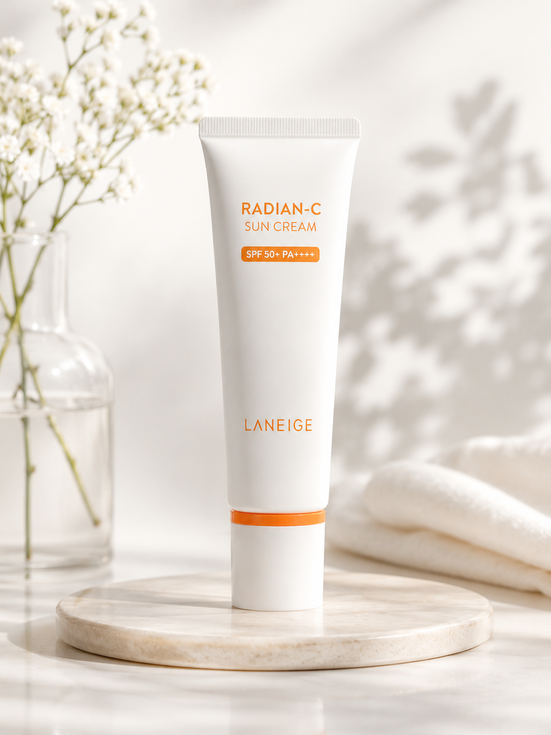 White sunscreen tube with orange accents by Laneige, featuring SPF50+ PA++++ label, displayed upright on marble stand with soft floral background.