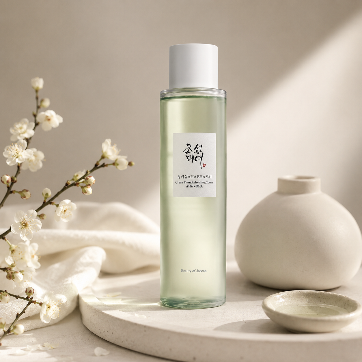 Beauty of Joseon Green Plum Refreshing Toner: AHA + BHA 150ml on a neutral background with decorative elements