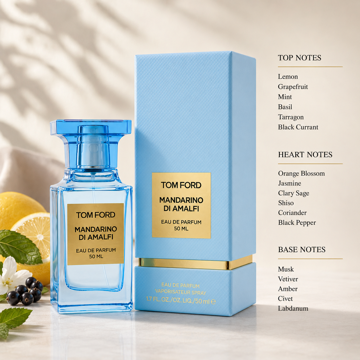 Tom Ford Mandarino di Amalfi Eau de Parfum with blue box surrounded by lemon, grapefruit, mint, basil, and blackcurrant, illustrating the fragrance's fresh citrus and aromatic character.