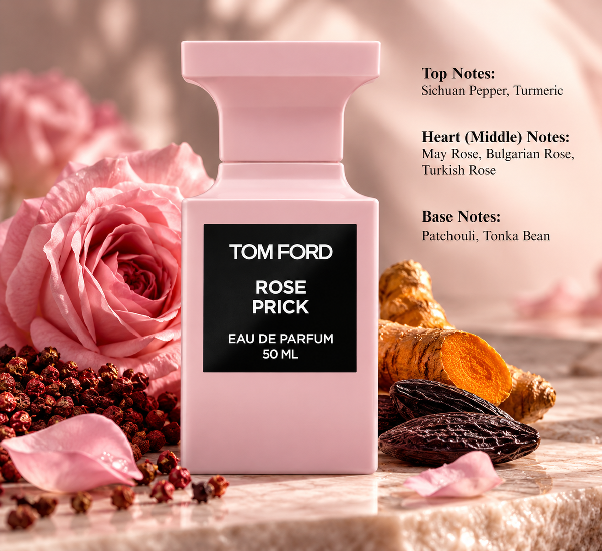 Tom Ford Rose Prick Eau de Parfum 50ml displayed in a luxurious blush pink setting with delicate pink roses, Sichuan peppercorns, fresh turmeric and tonka beans. An elegant unisex floral spicy fragrance featuring May rose, Bulgarian rose, Turkish rose and patchouli, presented on a refined marble surface.
